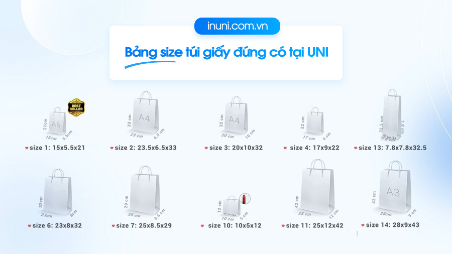 Bảng size túi giấy đứng có tại in UNI