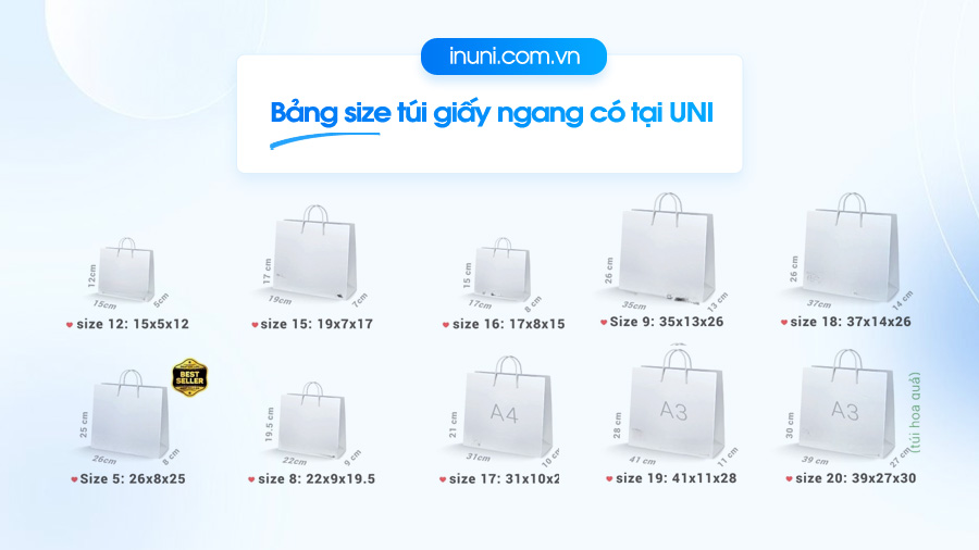 Bảng size túi giấy ngang có tại in UNI