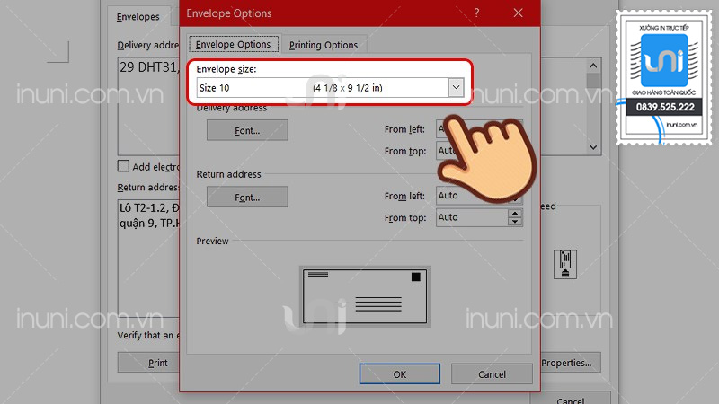 Chọn kích thước phong bì và phông chữ